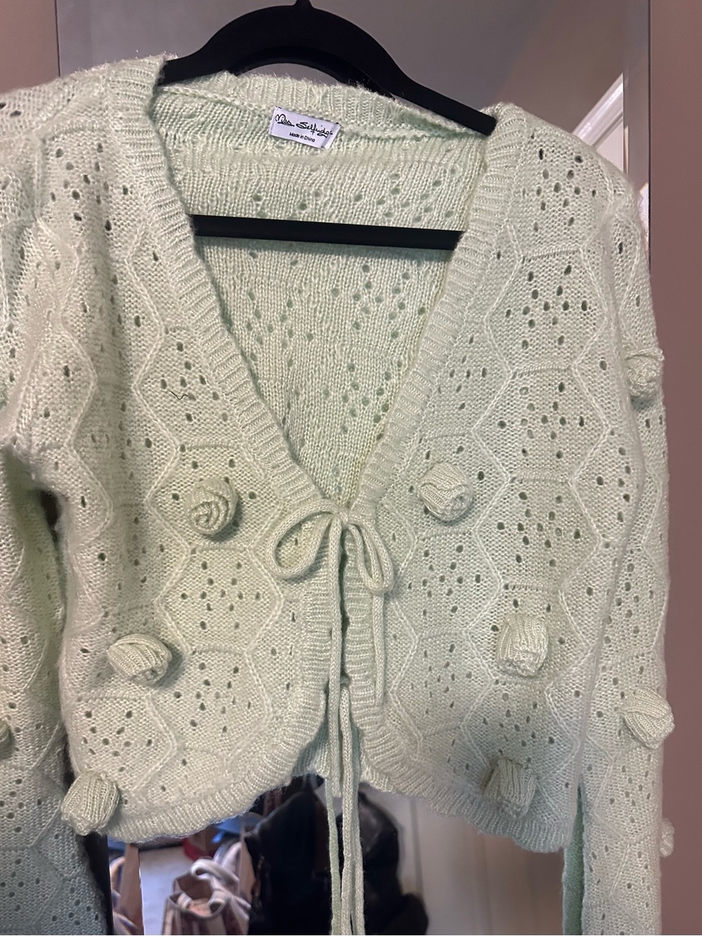 Miss Selfridge Mint Tie-Front Pointelle Cardigan